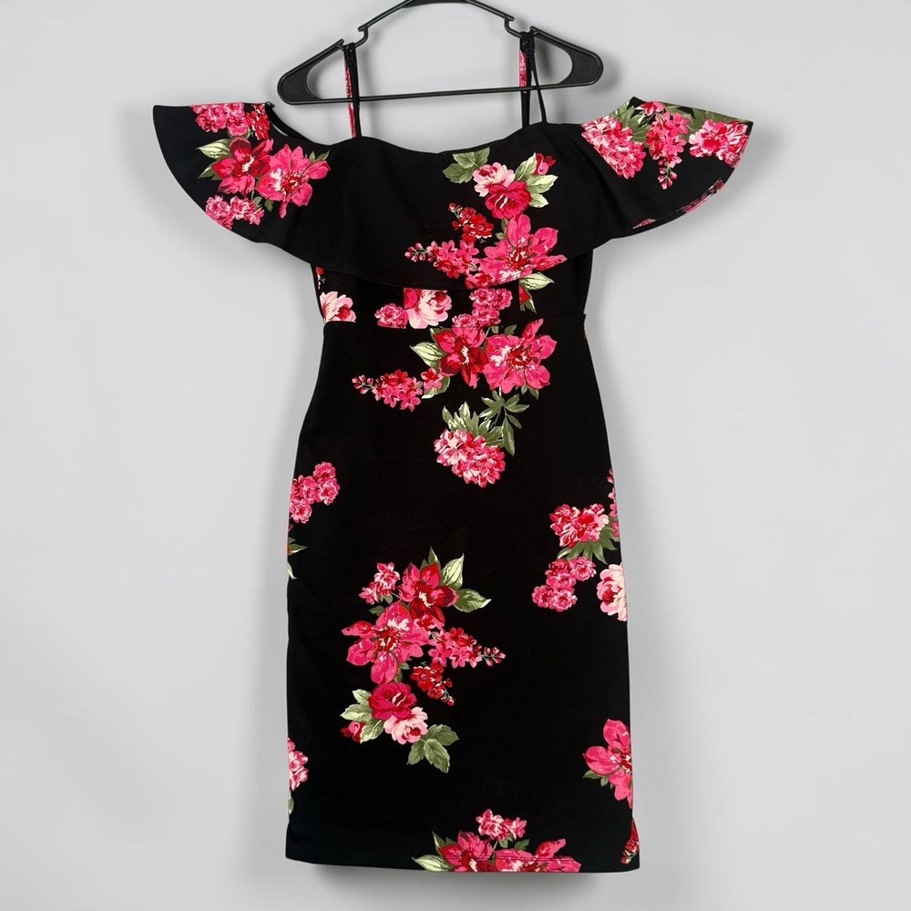 Black Floral Off-Shoulder Midi Dress with Pink Blooms